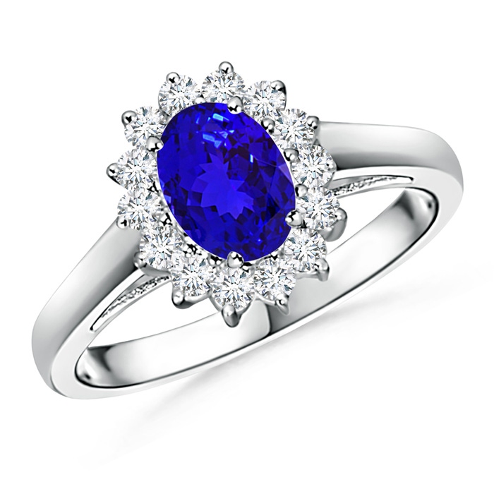 7x5mm AAAA Princess Diana Inspired Tanzanite Ring with Diamond Halo in White Gold 