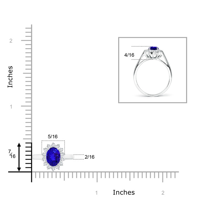 7x5mm AAAA Princess Diana Inspired Tanzanite Ring with Diamond Halo in White Gold Ruler