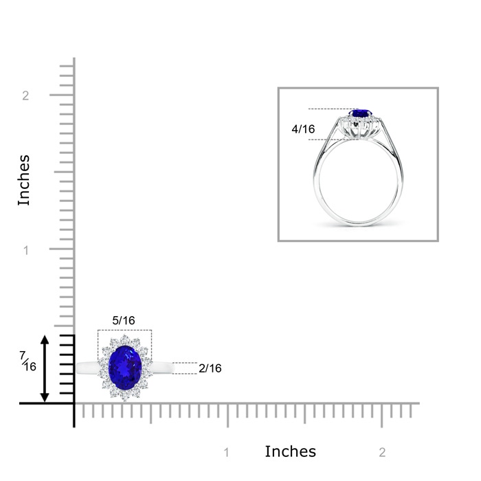 7x5mm AAAA Princess Diana Inspired Tanzanite Ring with Diamond Halo in White Gold ruler