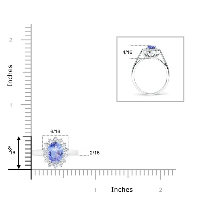 8x6mm A Princess Diana Inspired Tanzanite Ring with Diamond Halo in White Gold ruler