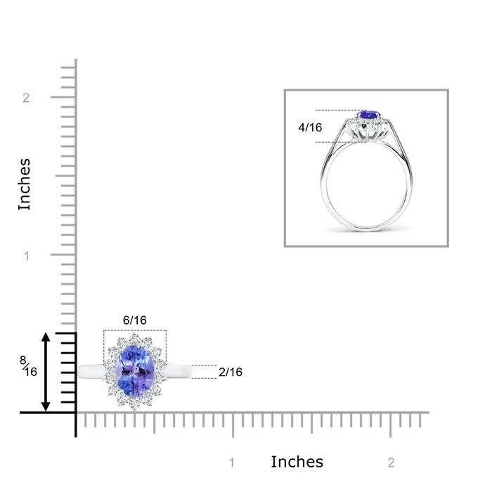 8x6mm AA Princess Diana Inspired Tanzanite Ring with Diamond Halo in P950 Platinum ruler