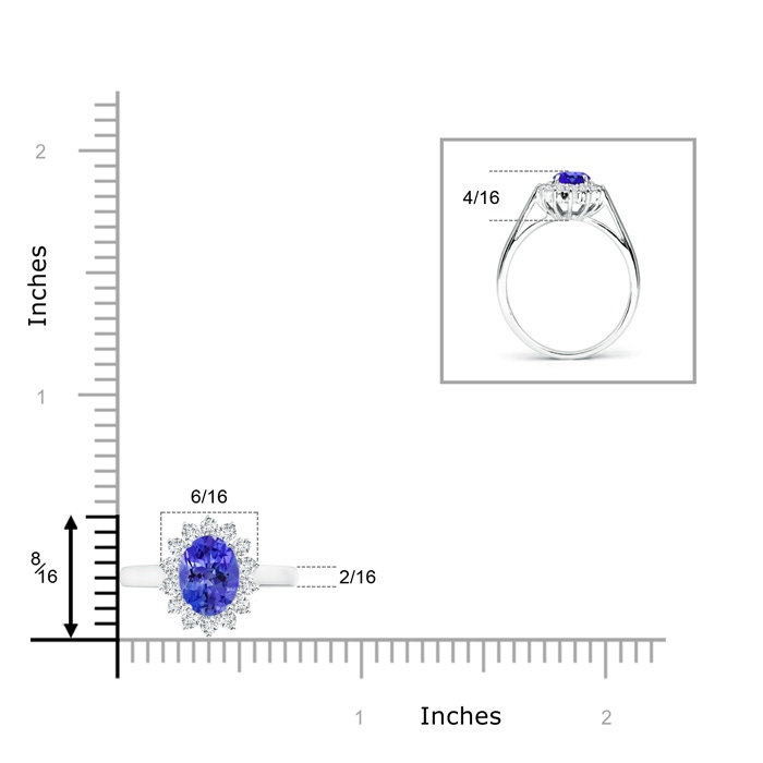 8x6mm AAA Princess Diana Inspired Tanzanite Ring with Diamond Halo in P950 Platinum ruler