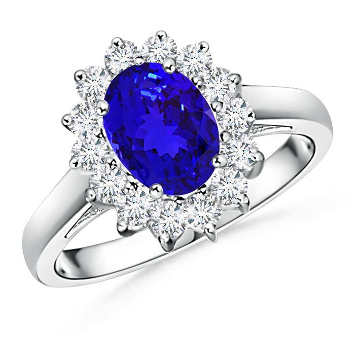 8x6mm AAAA Princess Diana Inspired Tanzanite Ring with Diamond Halo in White Gold 