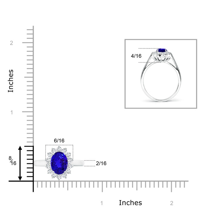 8x6mm AAAA Princess Diana Inspired Tanzanite Ring with Diamond Halo in White Gold ruler