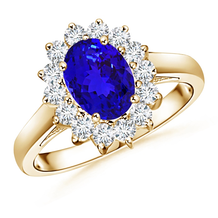 8x6mm AAAA Princess Diana Inspired Tanzanite Ring with Diamond Halo in Yellow Gold