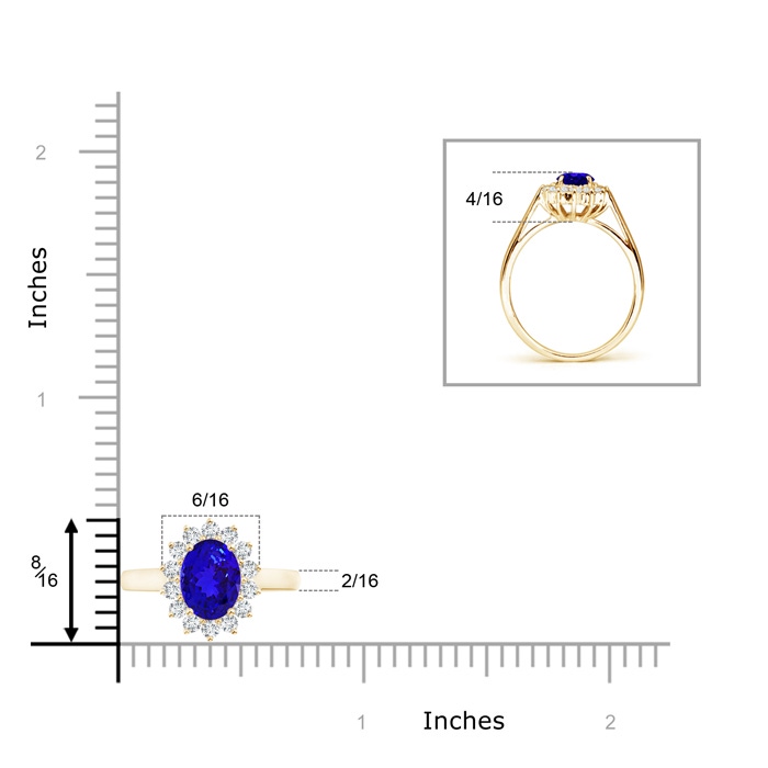 8x6mm AAAA Princess Diana Inspired Tanzanite Ring with Diamond Halo in Yellow Gold ruler