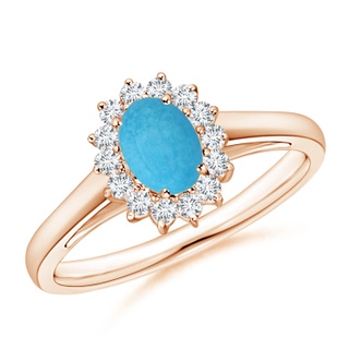 6x4mm A Princess Diana Inspired Turquoise Ring with Diamond Halo in Rose Gold