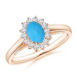 6x4mm AAA Princess Diana Inspired Turquoise Ring with Diamond Halo in Rose Gold