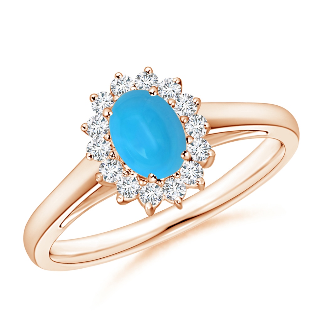 6x4mm AAAA Princess Diana Inspired Turquoise Ring with Diamond Halo in Rose Gold