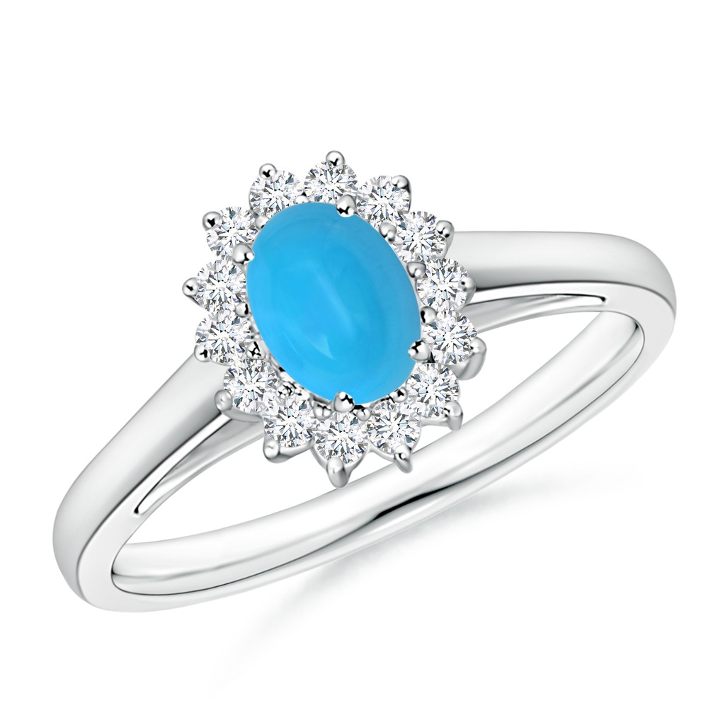 6x4mm AAAA Princess Diana Inspired Turquoise Ring with Diamond Halo in White Gold