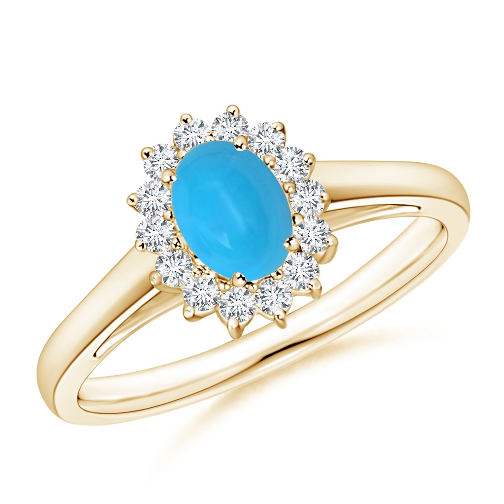 6x4mm AAAA Princess Diana Inspired Turquoise Ring with Diamond Halo in Yellow Gold