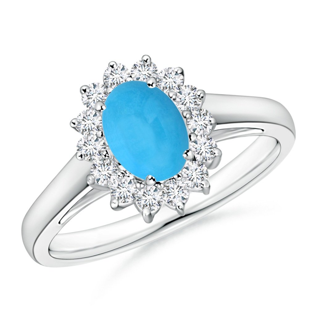 7x5mm AAA Princess Diana Inspired Turquoise Ring with Diamond Halo in White Gold