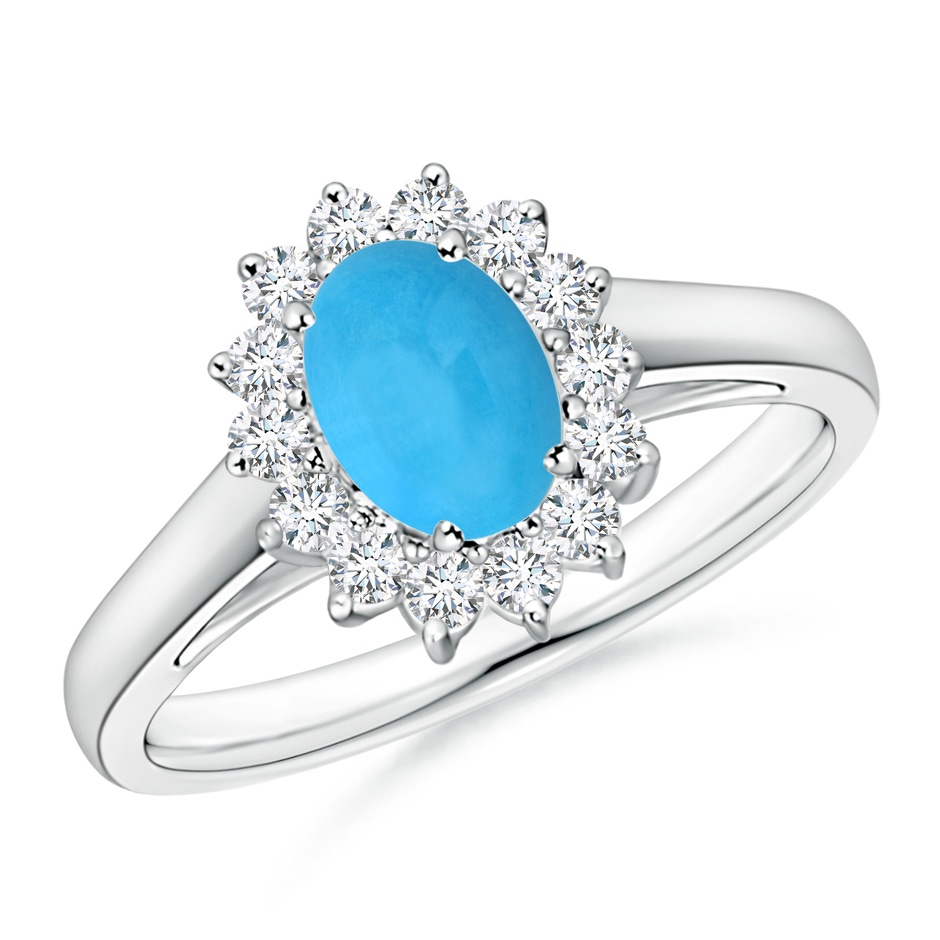 7x5mm AAA Princess Diana Inspired Turquoise Ring with Diamond Halo in White Gold 