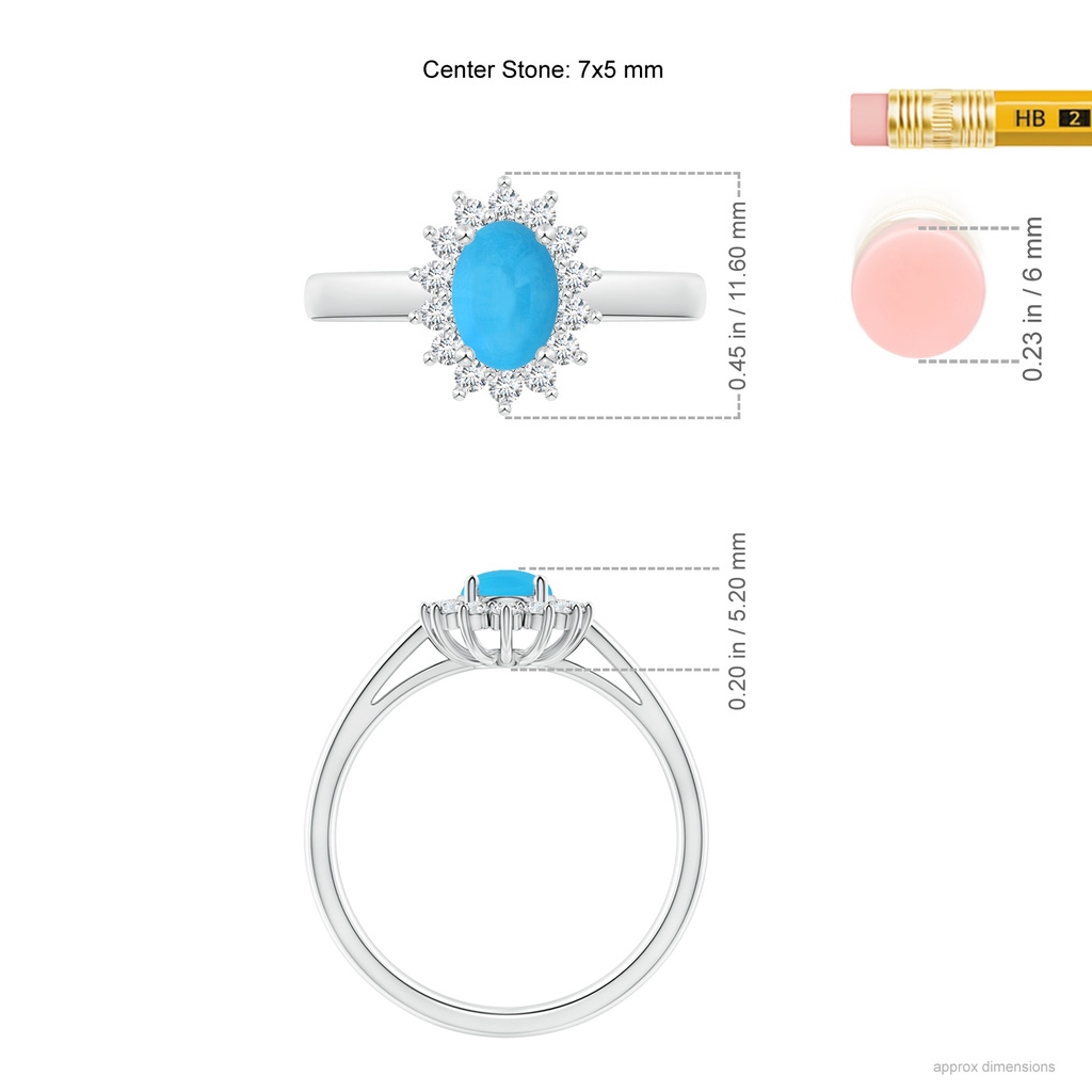7x5mm AAA Princess Diana Inspired Turquoise Ring with Diamond Halo in White Gold Ruler