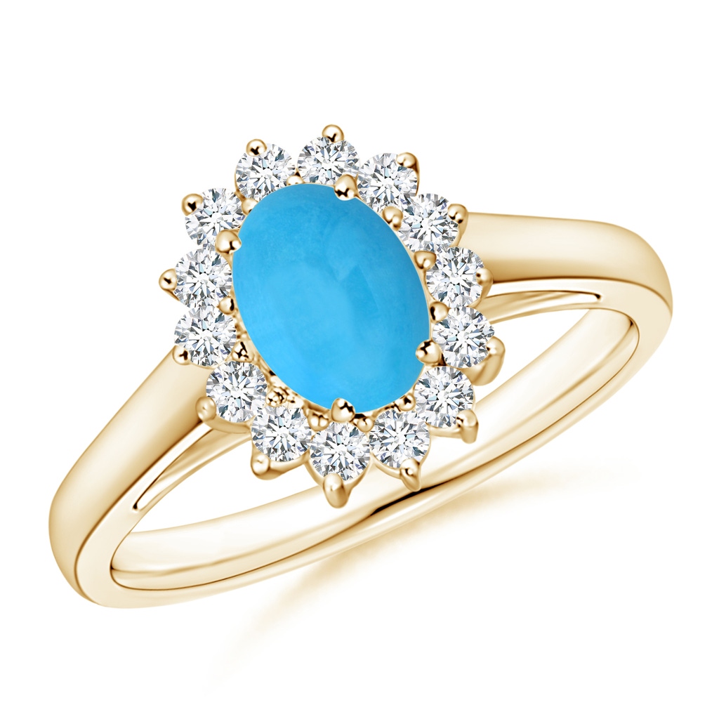 7x5mm AAA Princess Diana Inspired Turquoise Ring with Diamond Halo in Yellow Gold