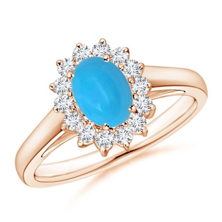 7x5mm AAAA Princess Diana Inspired Turquoise Ring with Diamond Halo in Rose Gold