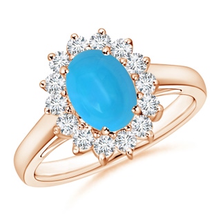 8x6mm AAAA Princess Diana Inspired Turquoise Ring with Diamond Halo in Rose Gold