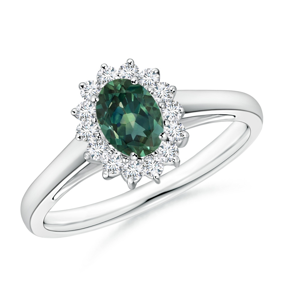 6x4mm AA Princess Diana Inspired Teal Montana Sapphire Ring with Halo in P950 Platinum 