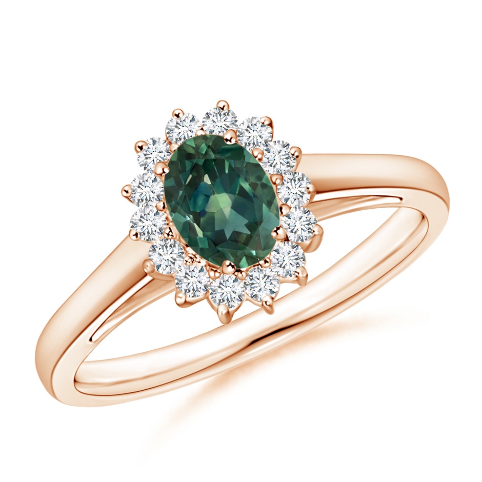 6x4mm AA Princess Diana Inspired Teal Montana Sapphire Ring with Halo in Rose Gold 