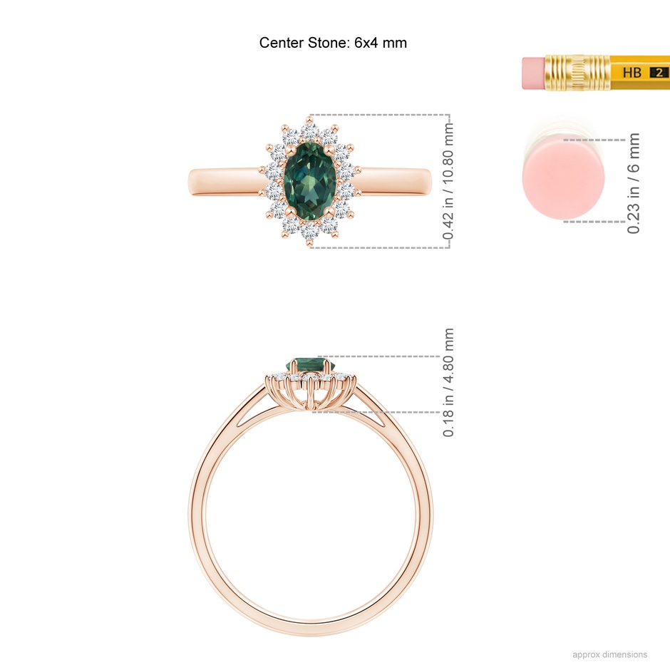 6x4mm AA Princess Diana Inspired Teal Montana Sapphire Ring with Halo in Rose Gold ruler