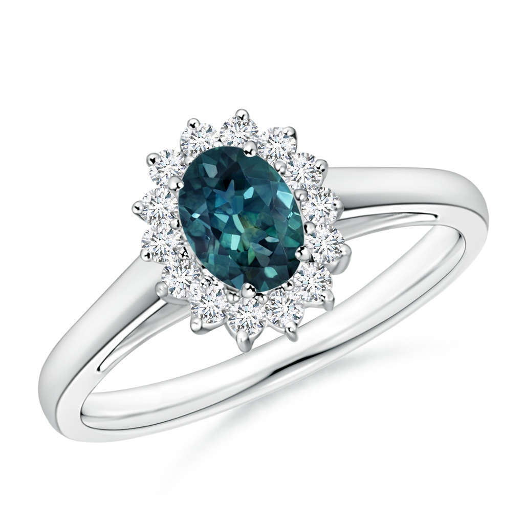 6x4mm AAA Princess Diana Inspired Teal Montana Sapphire Ring with Halo in P950 Platinum