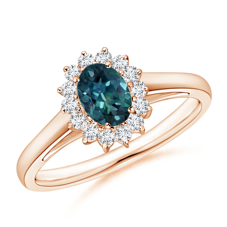 6x4mm AAA Princess Diana Inspired Teal Montana Sapphire Ring with Halo in Rose Gold 