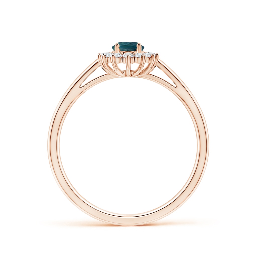 6x4mm AAA Princess Diana Inspired Teal Montana Sapphire Ring with Halo in Rose Gold Side-1