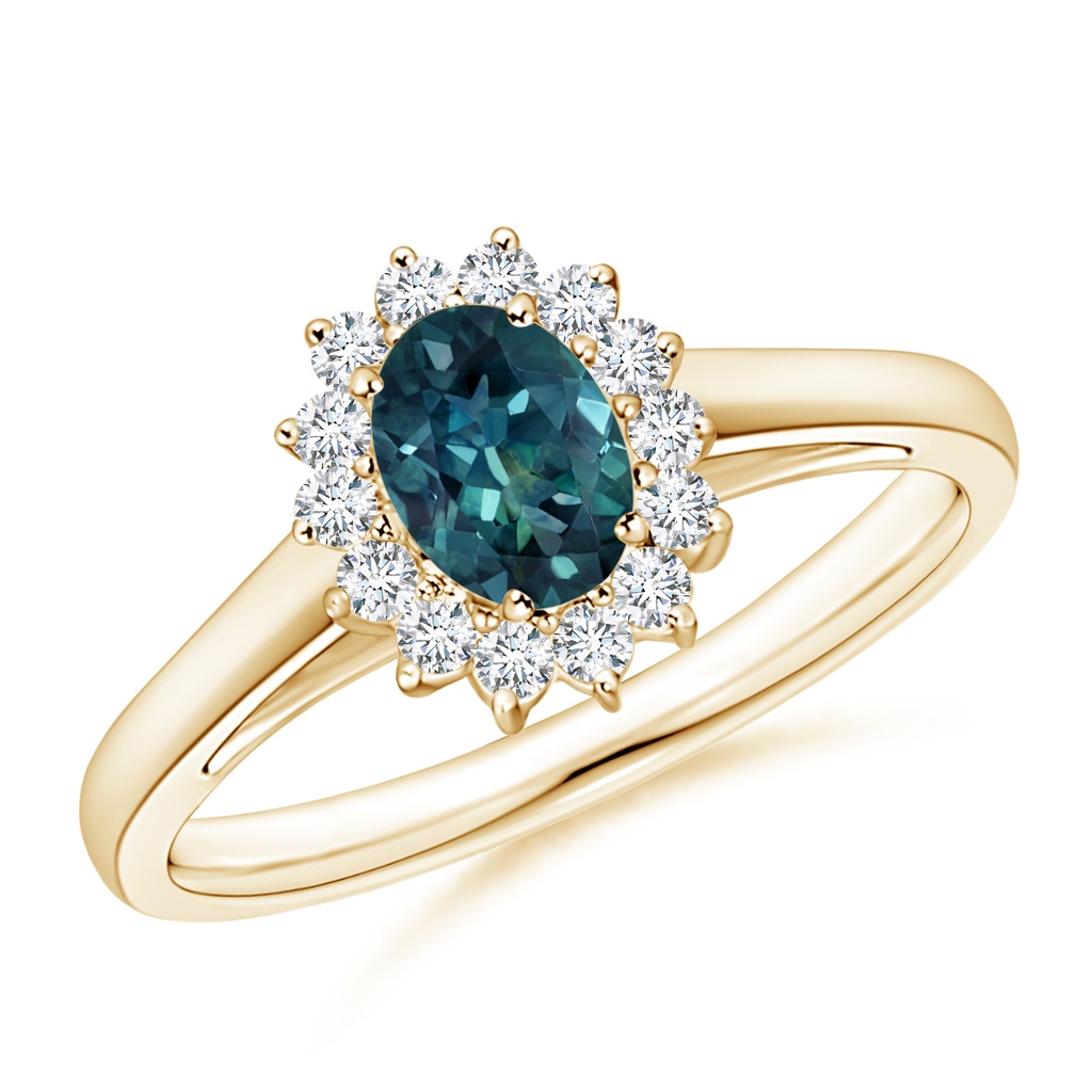 6x4mm AAA Princess Diana Inspired Teal Montana Sapphire Ring with Halo in Yellow Gold