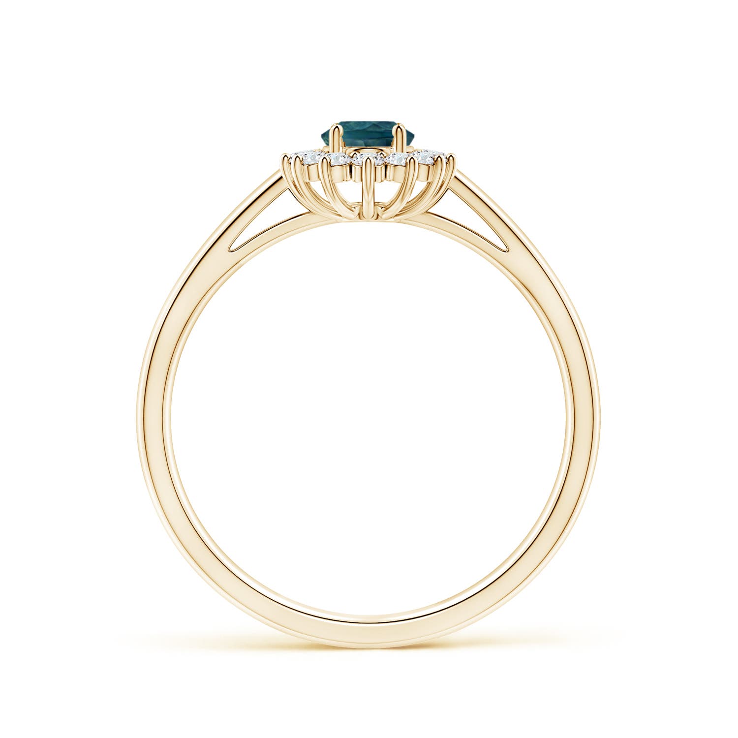 6x4mm AAA Princess Diana Inspired Teal Montana Sapphire Ring with Halo in Yellow Gold - side 2