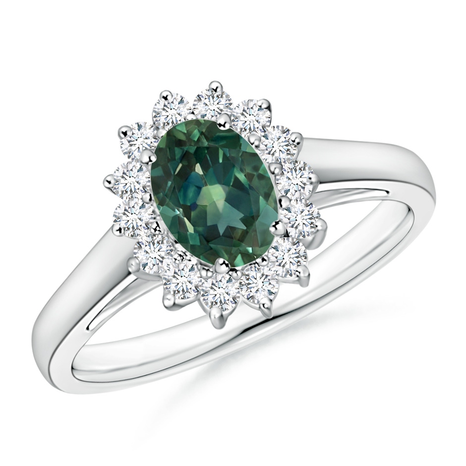 7x5mm AA Princess Diana Inspired Teal Montana Sapphire Ring with Halo in 18K White Gold 