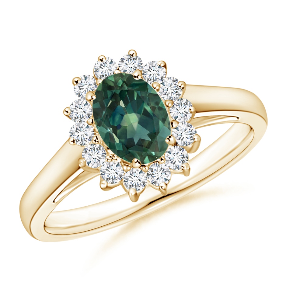 7x5mm AA Princess Diana Inspired Teal Montana Sapphire Ring with Halo in Yellow Gold 