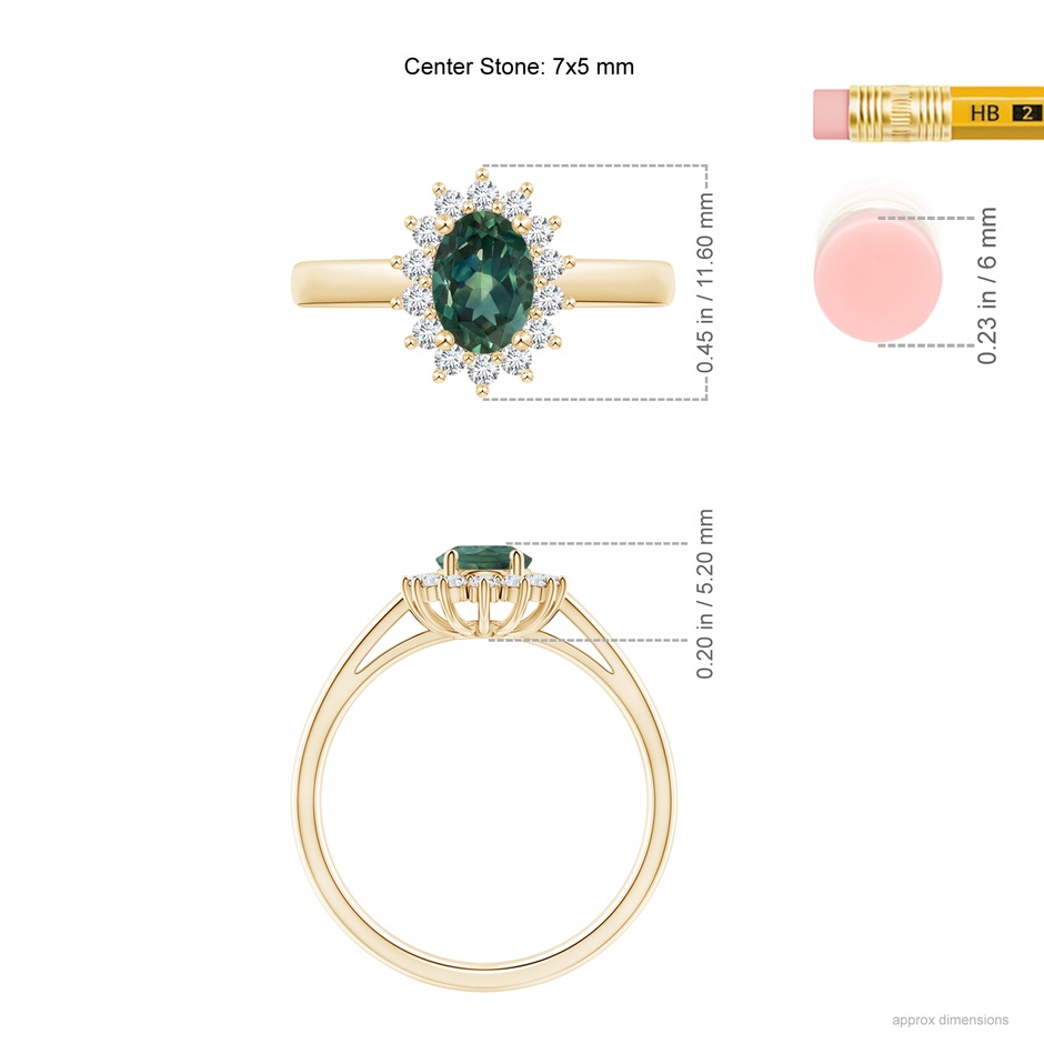 7x5mm AA Princess Diana Inspired Teal Montana Sapphire Ring with Halo in Yellow Gold ruler