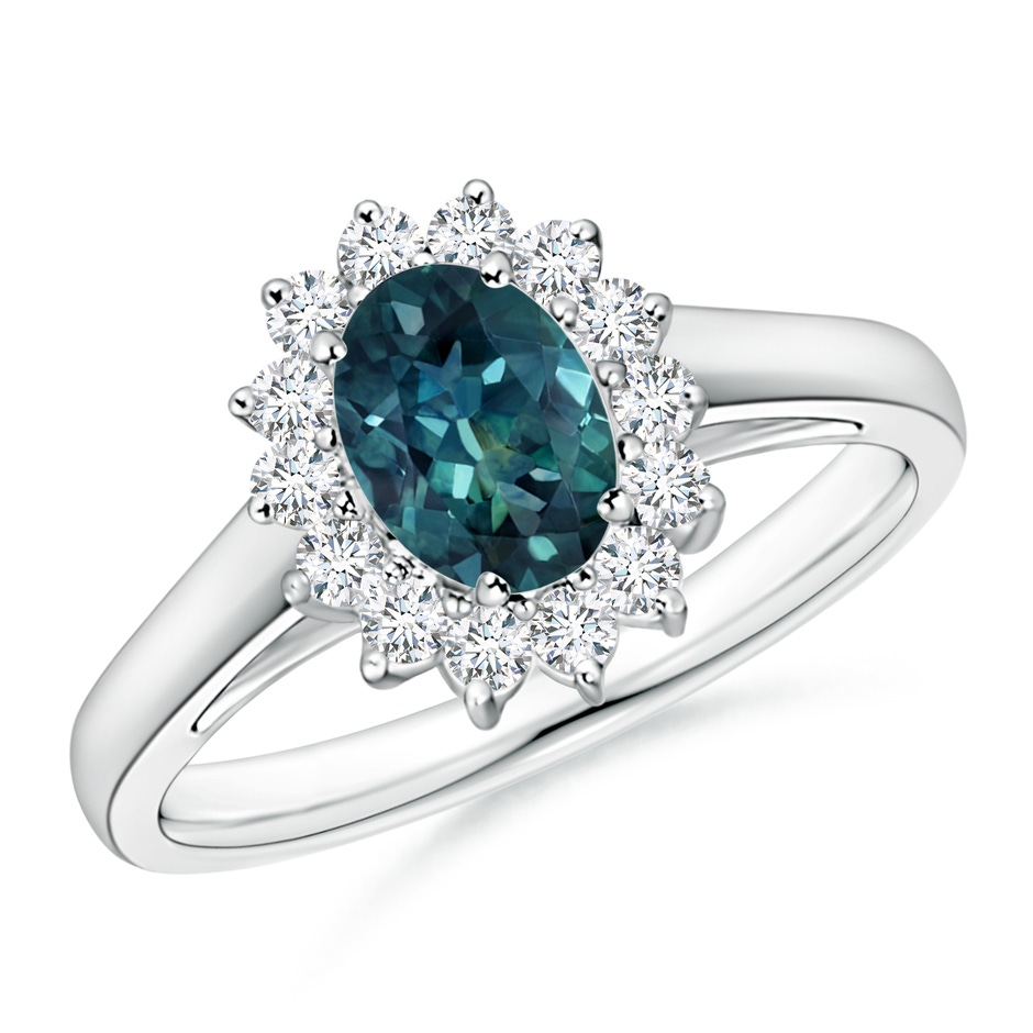 7x5mm AAA Princess Diana Inspired Teal Montana Sapphire Ring with Halo in 18K White Gold 