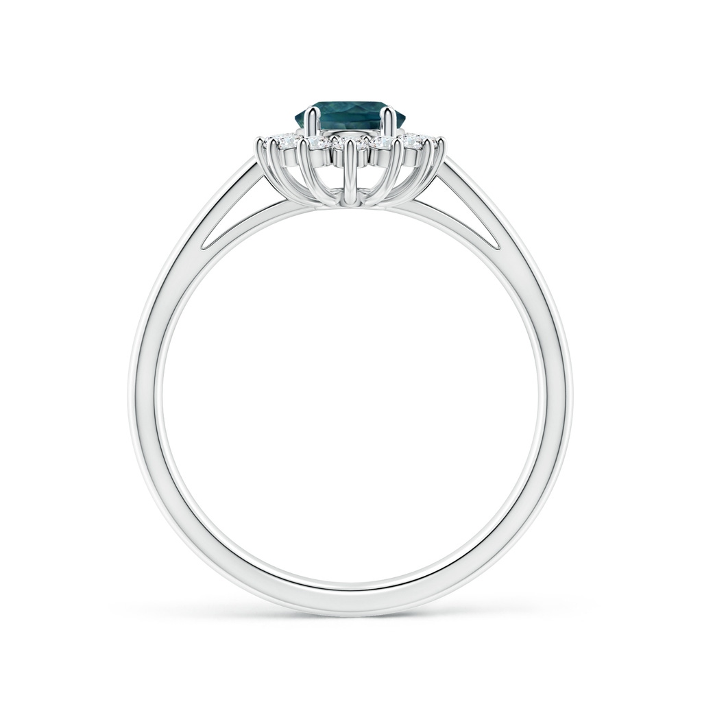 7x5mm AAA Princess Diana Inspired Teal Montana Sapphire Ring with Halo in P950 Platinum Side-1