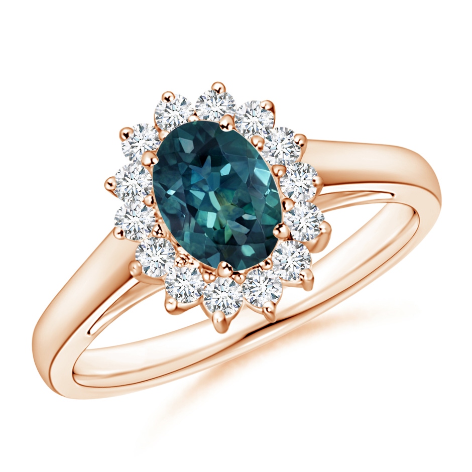 7x5mm AAA Princess Diana Inspired Teal Montana Sapphire Ring with Halo in Rose Gold 