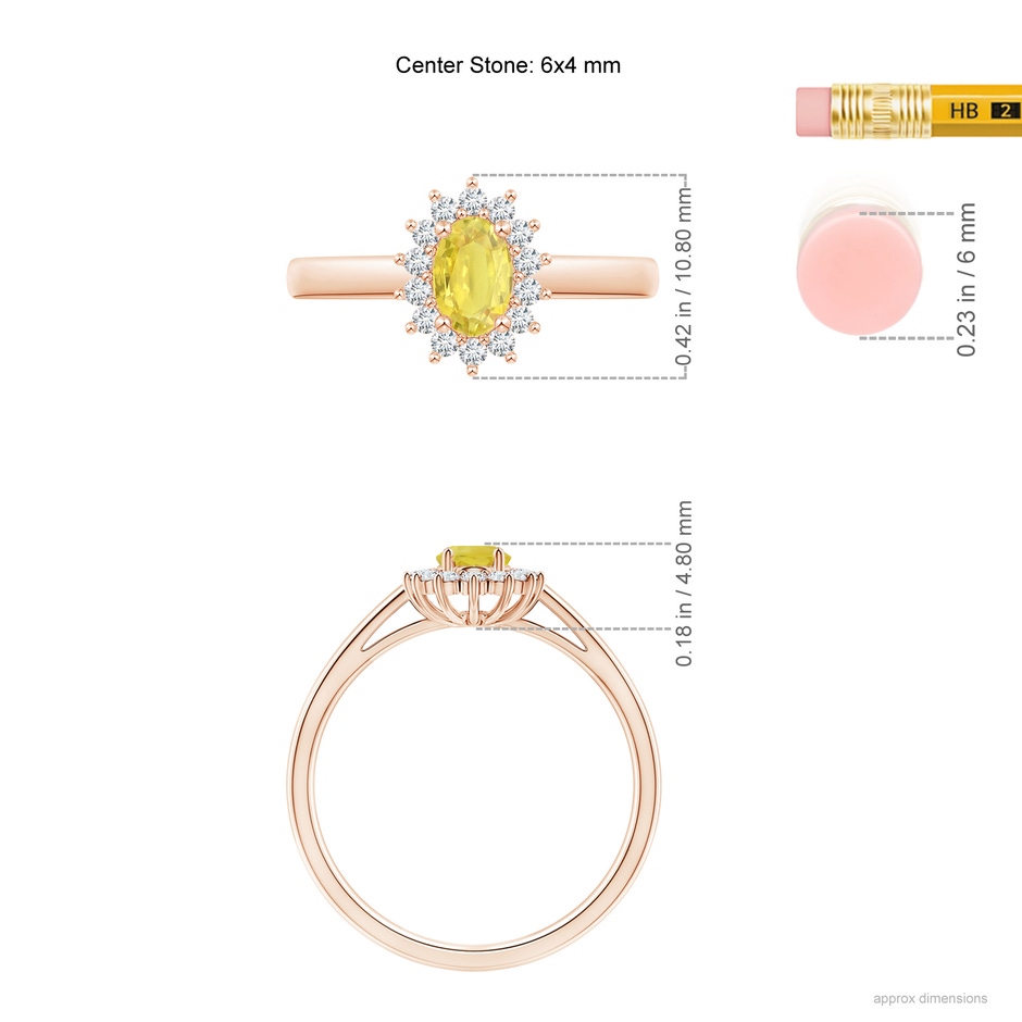 6x4mm A Princess Diana Inspired Yellow Sapphire Ring with Halo in Rose Gold ruler