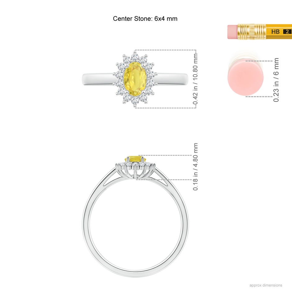 6x4mm A Princess Diana Inspired Yellow Sapphire Ring with Halo in White Gold ruler