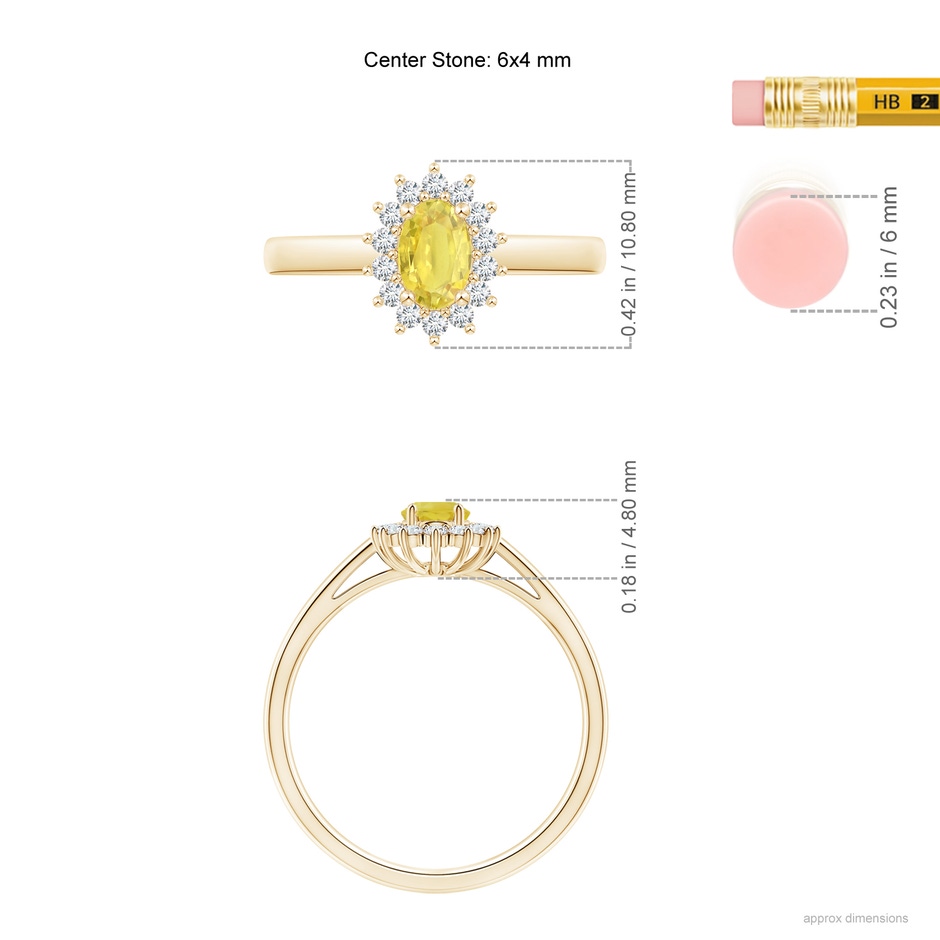 6x4mm A Princess Diana Inspired Yellow Sapphire Ring with Halo in Yellow Gold ruler