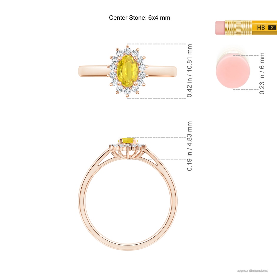 6x4mm AA Princess Diana Inspired Yellow Sapphire Ring with Halo in 9K Rose Gold ruler