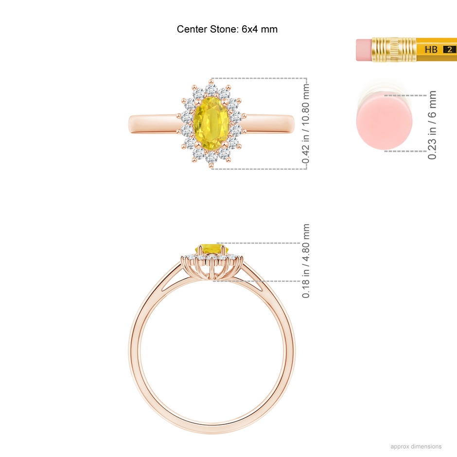 6x4mm AA Princess Diana Inspired Yellow Sapphire Ring with Halo in Rose Gold ruler