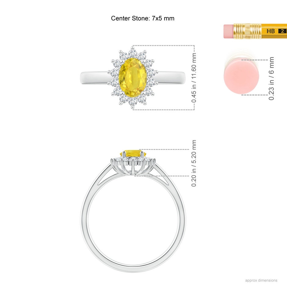 7x5mm AA Princess Diana Inspired Yellow Sapphire Ring with Halo in White Gold ruler