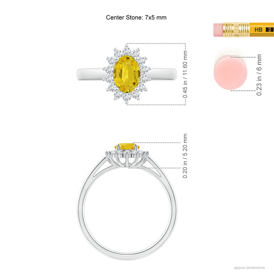 7x5mm AAA Princess Diana Inspired Yellow Sapphire Ring with Halo in White Gold ruler