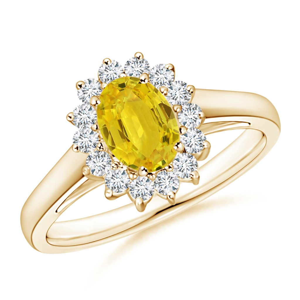 7x5mm AAA Princess Diana Inspired Yellow Sapphire Ring with Halo in Yellow Gold