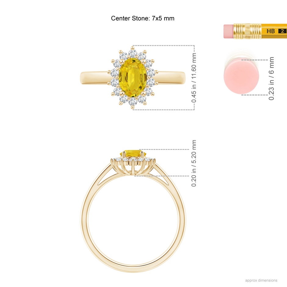 7x5mm AAA Princess Diana Inspired Yellow Sapphire Ring with Halo in Yellow Gold ruler