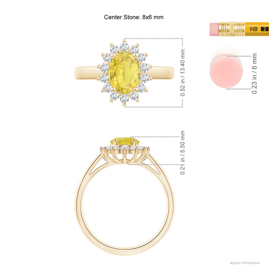 8x6mm A Princess Diana Inspired Yellow Sapphire Ring with Halo in Yellow Gold ruler