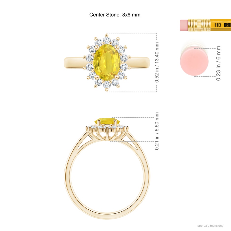 8x6mm AA Princess Diana Inspired Yellow Sapphire Ring with Halo in Yellow Gold ruler