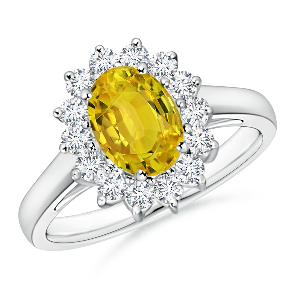 8x6mm AAAA Princess Diana Inspired Yellow Sapphire Ring with Halo in White Gold