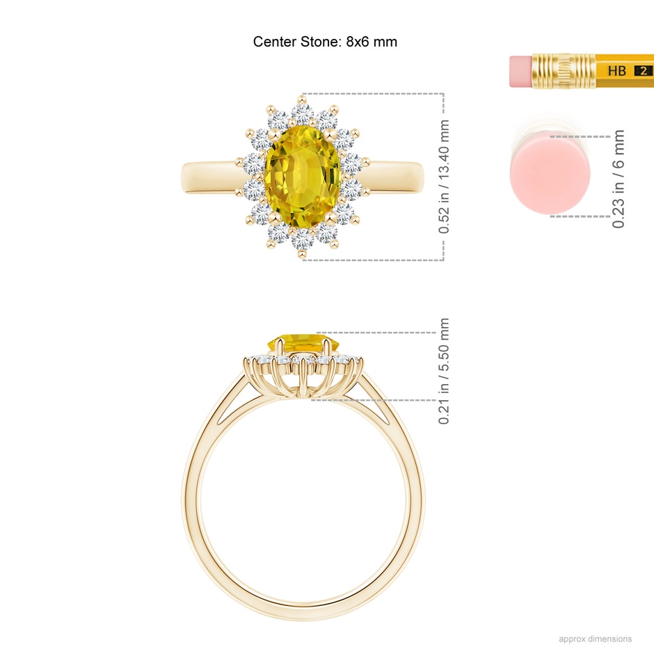 8x6mm AAAA Princess Diana Inspired Yellow Sapphire Ring with Halo in Yellow Gold ruler