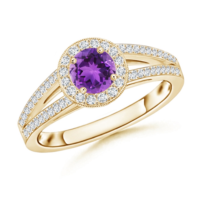 5mm AAA Round Amethyst Split Shank Ring with Diamond Halo in Yellow Gold