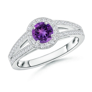 5mm AAAA Round Amethyst Split Shank Ring with Diamond Halo in 9K White Gold